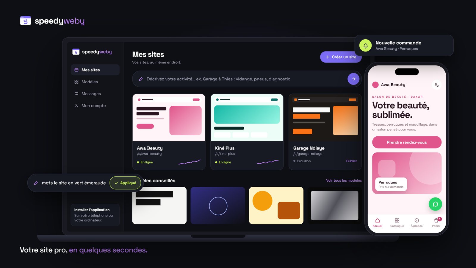 Aperçu de Speedy Weby : l’espace client avec la liste des sites et une notification de nouvelle commande, et le site d’un salon de beauté sur téléphone.